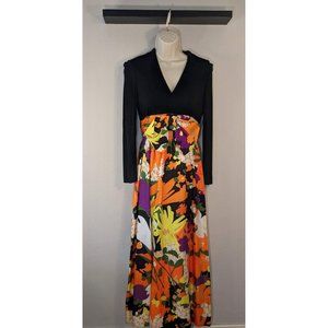1970's Maxi Multi Colored Floral Print V-Neck Mod Vintage Dress